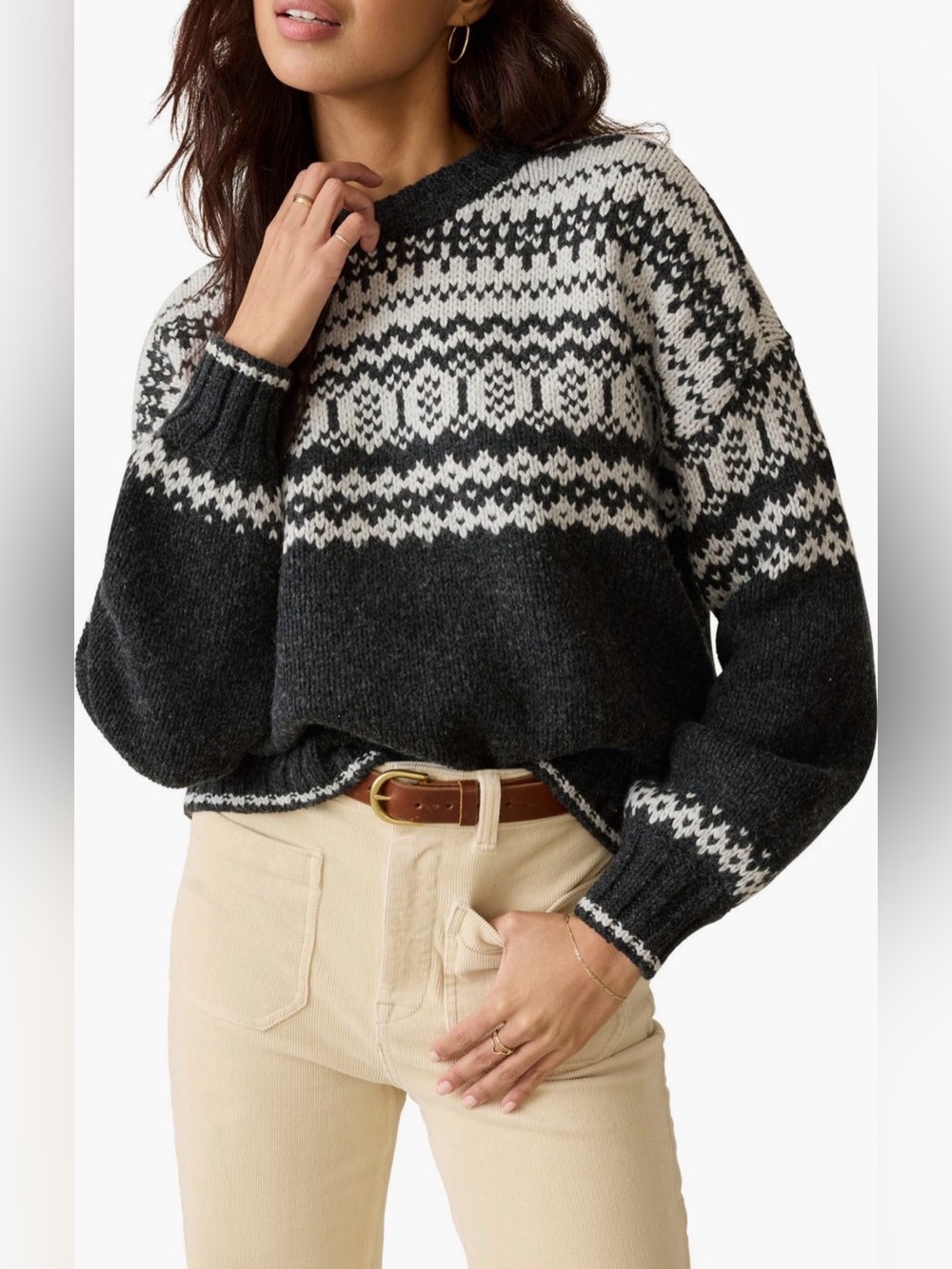FAHERTY Fair Isle Knit Sweater in Charcoal & White, Baby Alpaca, Small